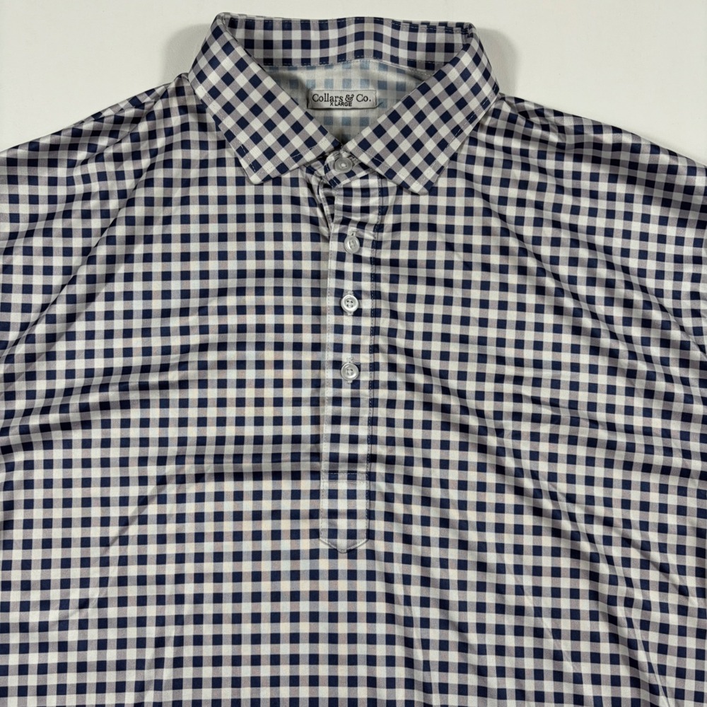 Collars & Co. Dress Collar Polo Mens XL Gingham Performance Short Sleeve Blue
